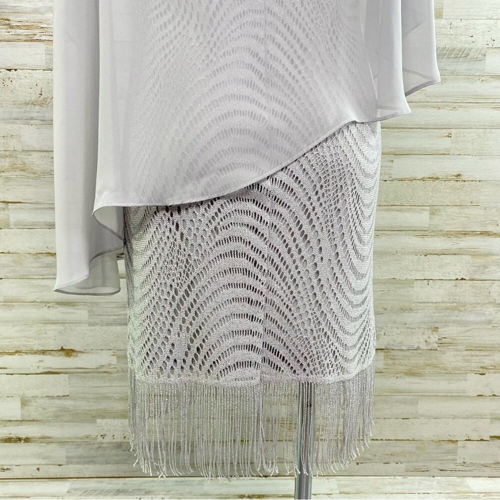 R&M Richards Crochet Metallic Chiffon Cape Overlay Dress Womens Size 6 Gray - Picture 13 of 15